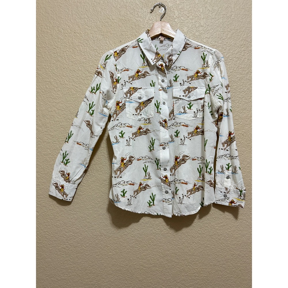 Reba Small Cowgirl Cactus Print Western Button Down Shirt White Rodeo Desert